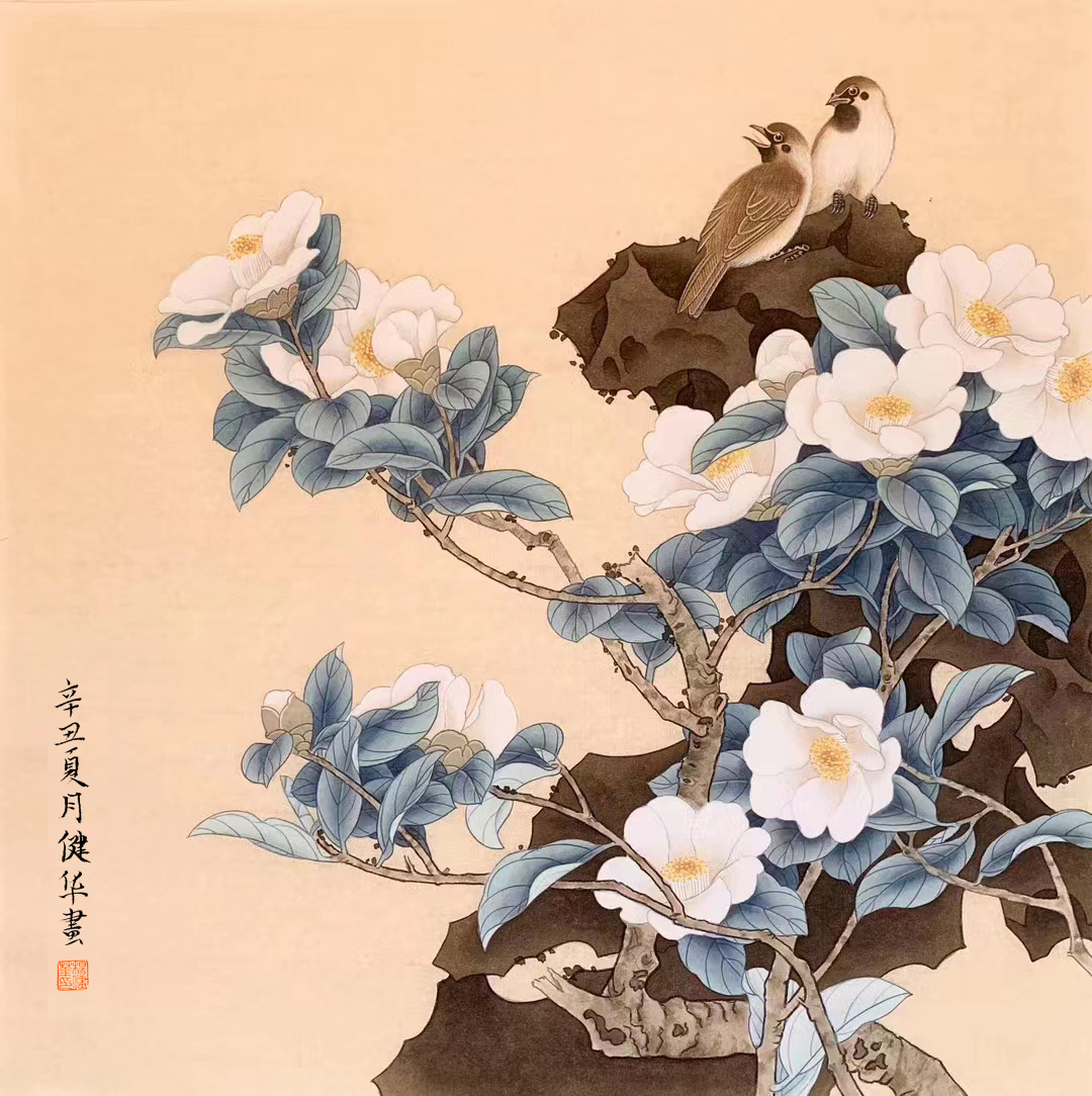 杨健华 茶花双雀图 33×33cm